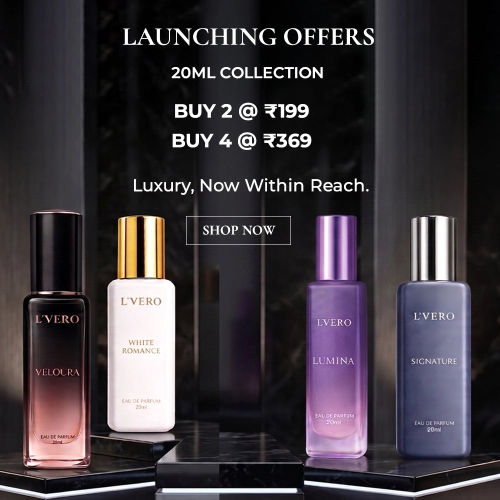 Four L'Vero perfume bottles displayed on a black pedestal with promotional text above: 'LAUNCHING OFFERS', '20ML COLLECTION', 'BUY 2 @ ₥199', 'BUY 4 @ ₥3369', and 'Luxury, Now Within Reach.' The bottles are labeled Veloura, White Romance, Lumina, and Signature.