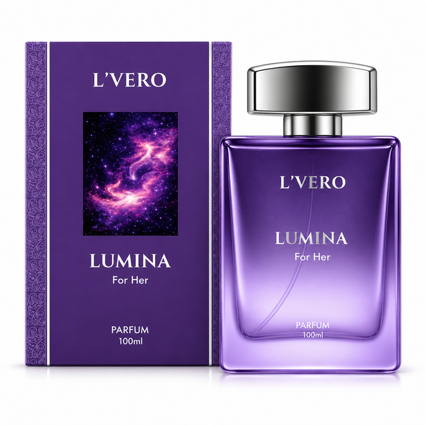 L'Vero Lumina For Her perfume bottle and packaging box. The bottle is a translucent purple glass with a reflective silver cap, and the box is purple with a galaxy nebula graphic.